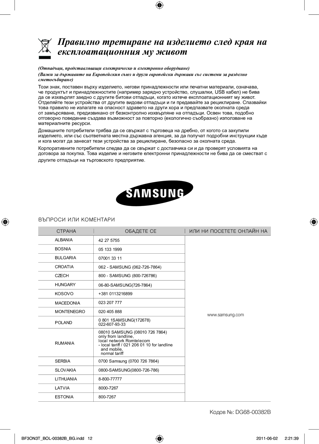 Samsung BF3ON3T011/BOL manual Кодов DG68-00382B 