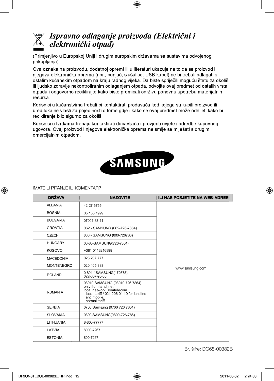 Samsung BF3ON3T011/BOL manual Ispravno odlaganje proizvoda Električni i elektronički otpad 