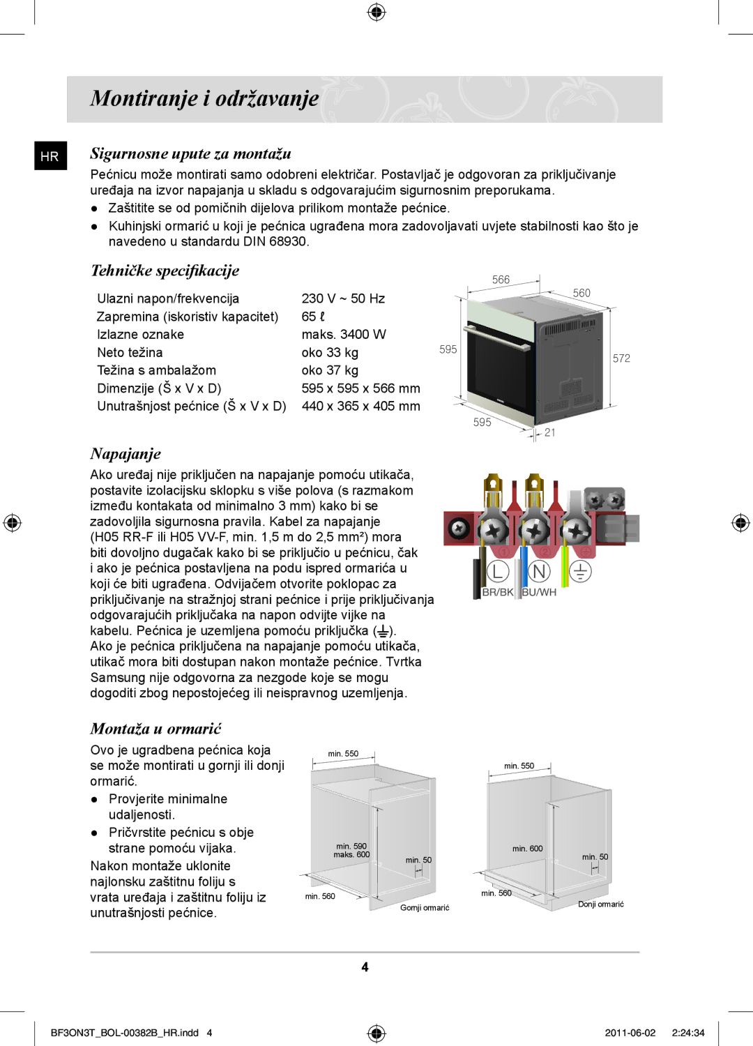 Samsung BF3ON3T011/BOL manual Montiranje i održavanje, Sigurnosne upute za montažu, Tehničke specifikacije, Napajanje 