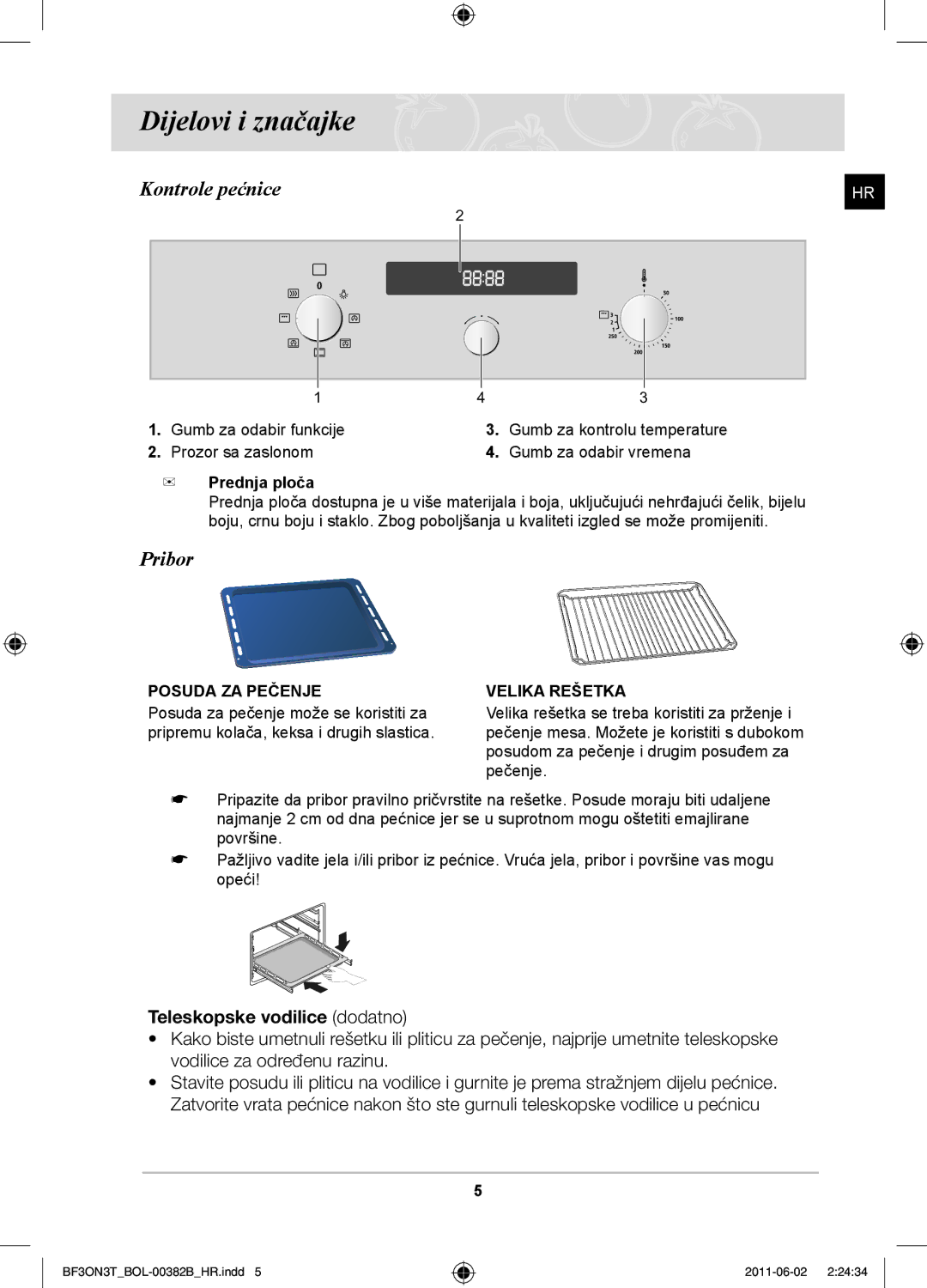 Samsung BF3ON3T011/BOL manual Dijelovi i značajke, Kontrole pećnice, Pribor, Prednja ploča 