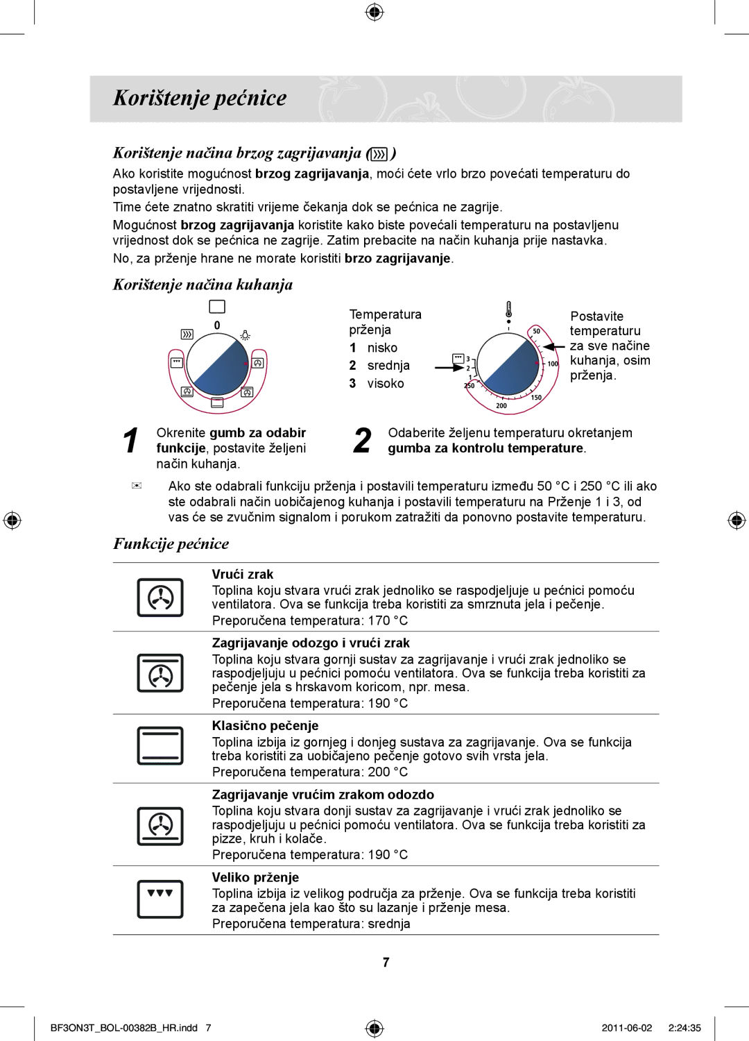 Samsung BF3ON3T011/BOL manual Korištenje pećnice, Korištenje načina kuhanja, Funkcije pećnice 