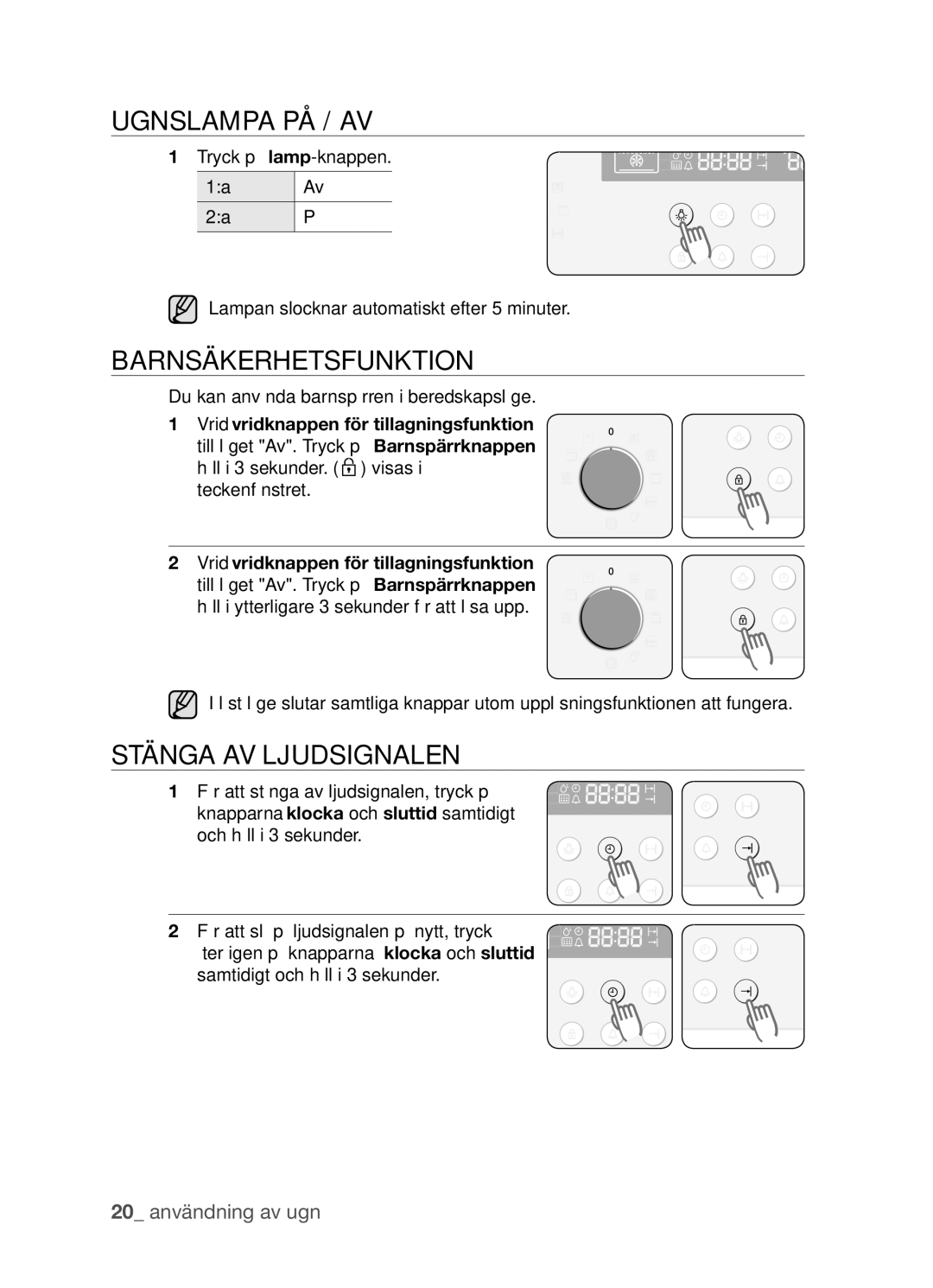 Samsung BF3Q4T098/XEE manual Ugnslampa på / av, Barnsäkerhetsfunktion, Stänga av ljudsignalen 