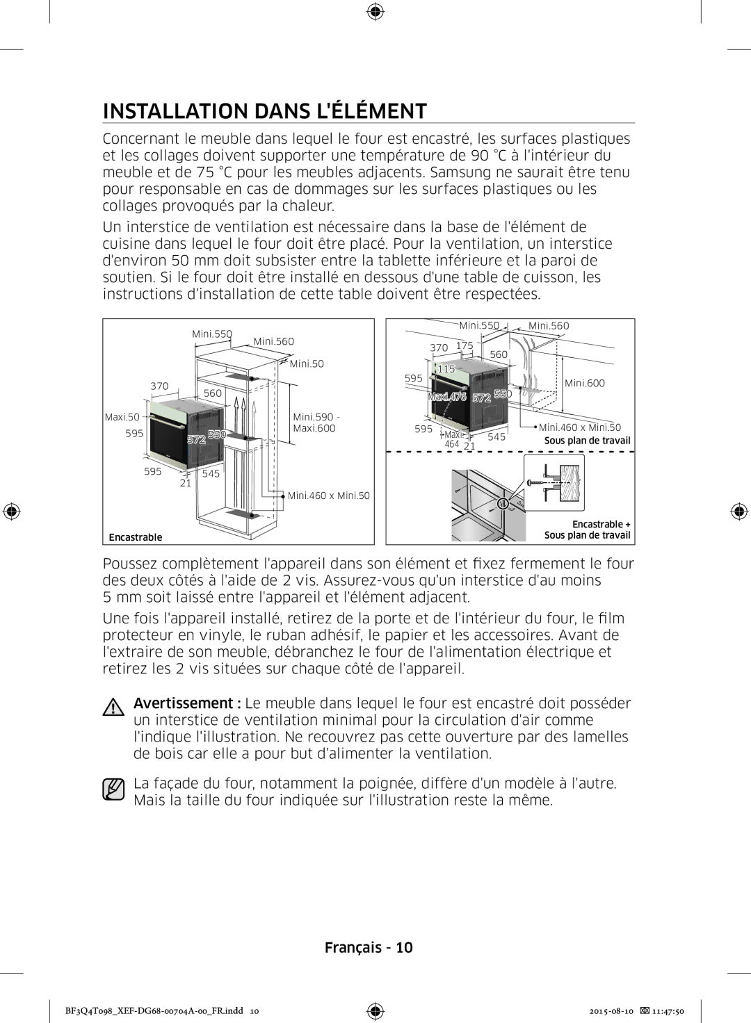 Samsung BF3Q4T098/XEF, BF3Q4T097/XEF manual Installation Dans Lélément 