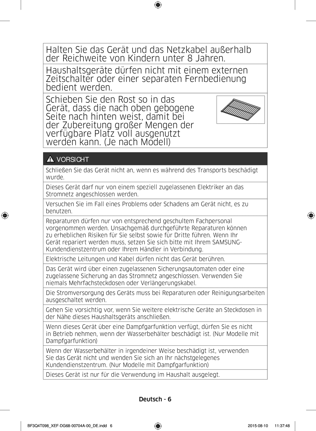 Samsung BF3Q4T098/XEF, BF3Q4T097/XEF manual Vorsicht 