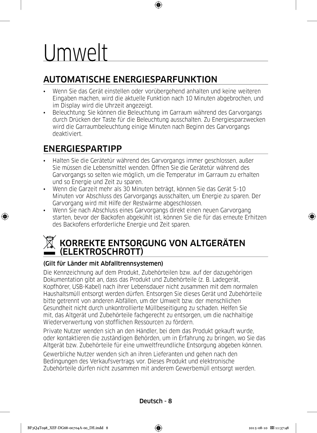 Samsung BF3Q4T098/XEF, BF3Q4T097/XEF manual Umwelt, Automatische Energiesparfunktion, Energiespartipp 