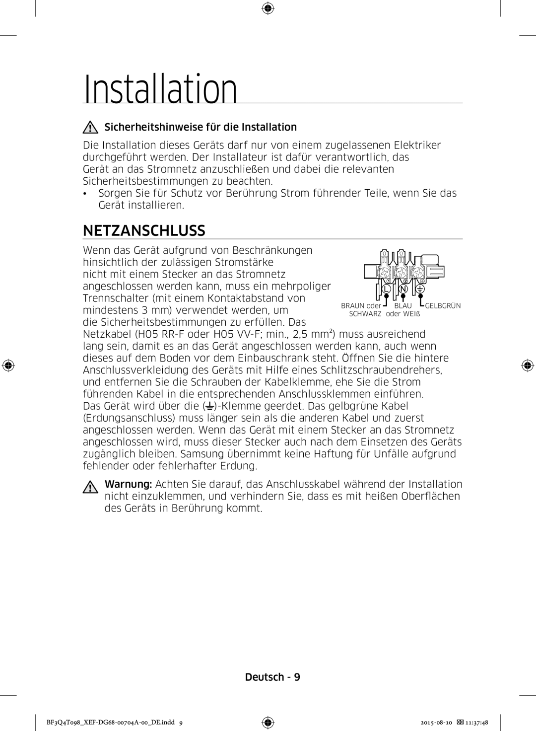 Samsung BF3Q4T097/XEF, BF3Q4T098/XEF manual Netzanschluss, Aufstellen DES Geräts 