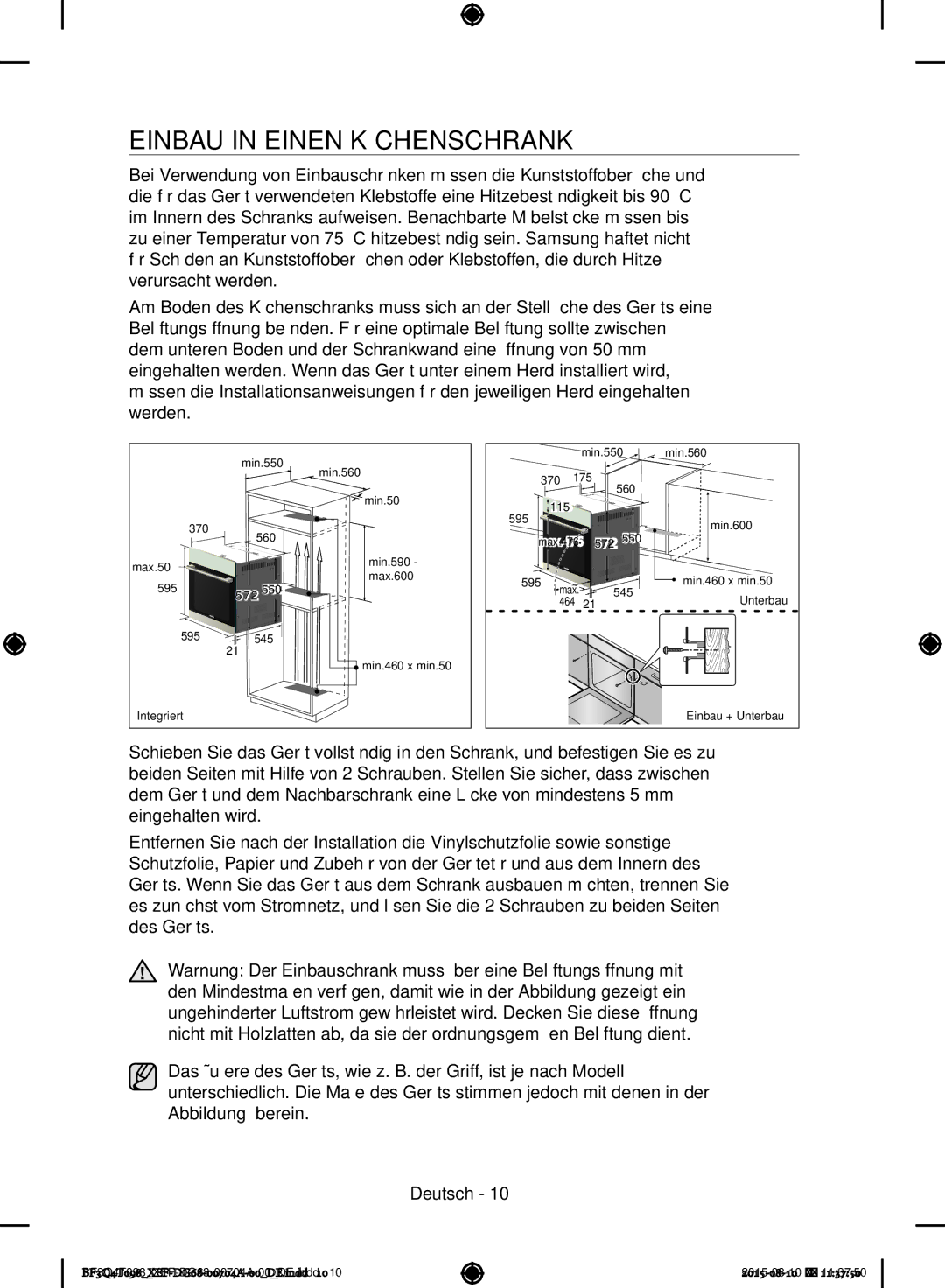 Samsung BF3Q4T098/XEF, BF3Q4T097/XEF manual Einbau in Einen Küchenschrank 