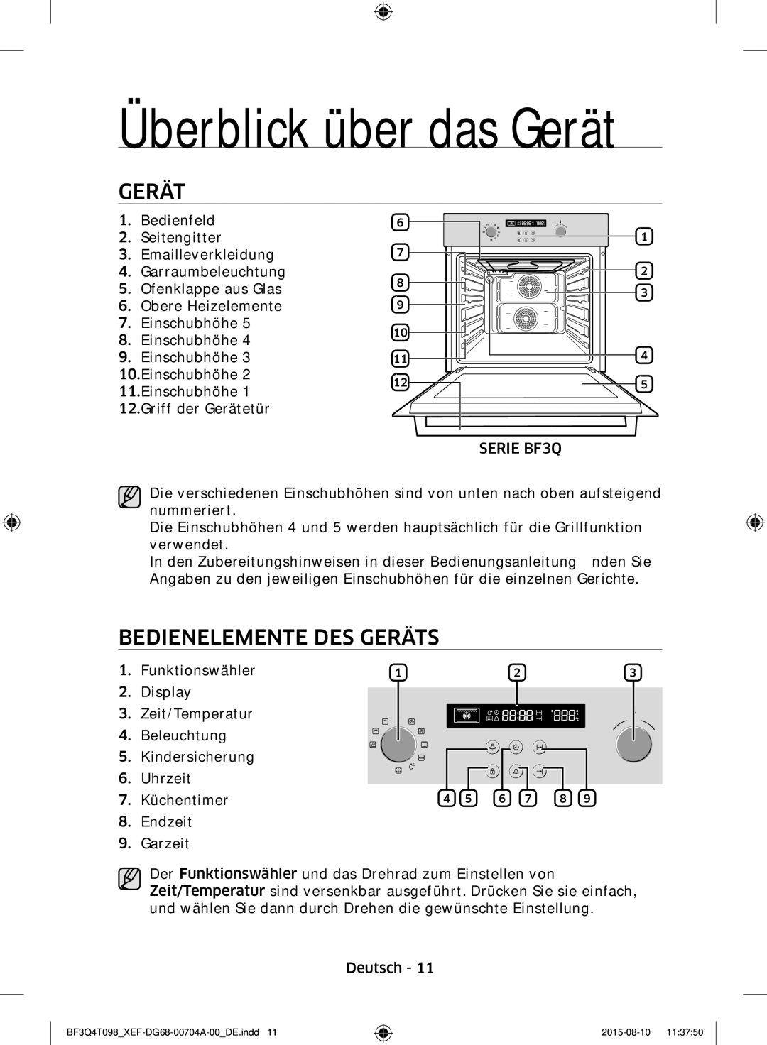 Samsung BF3Q4T097/XEF manual Überblick über das Gerät, Bedienelemente DES Geräts, Serie BF3Q 02 Überblick Über DAS Gerät 