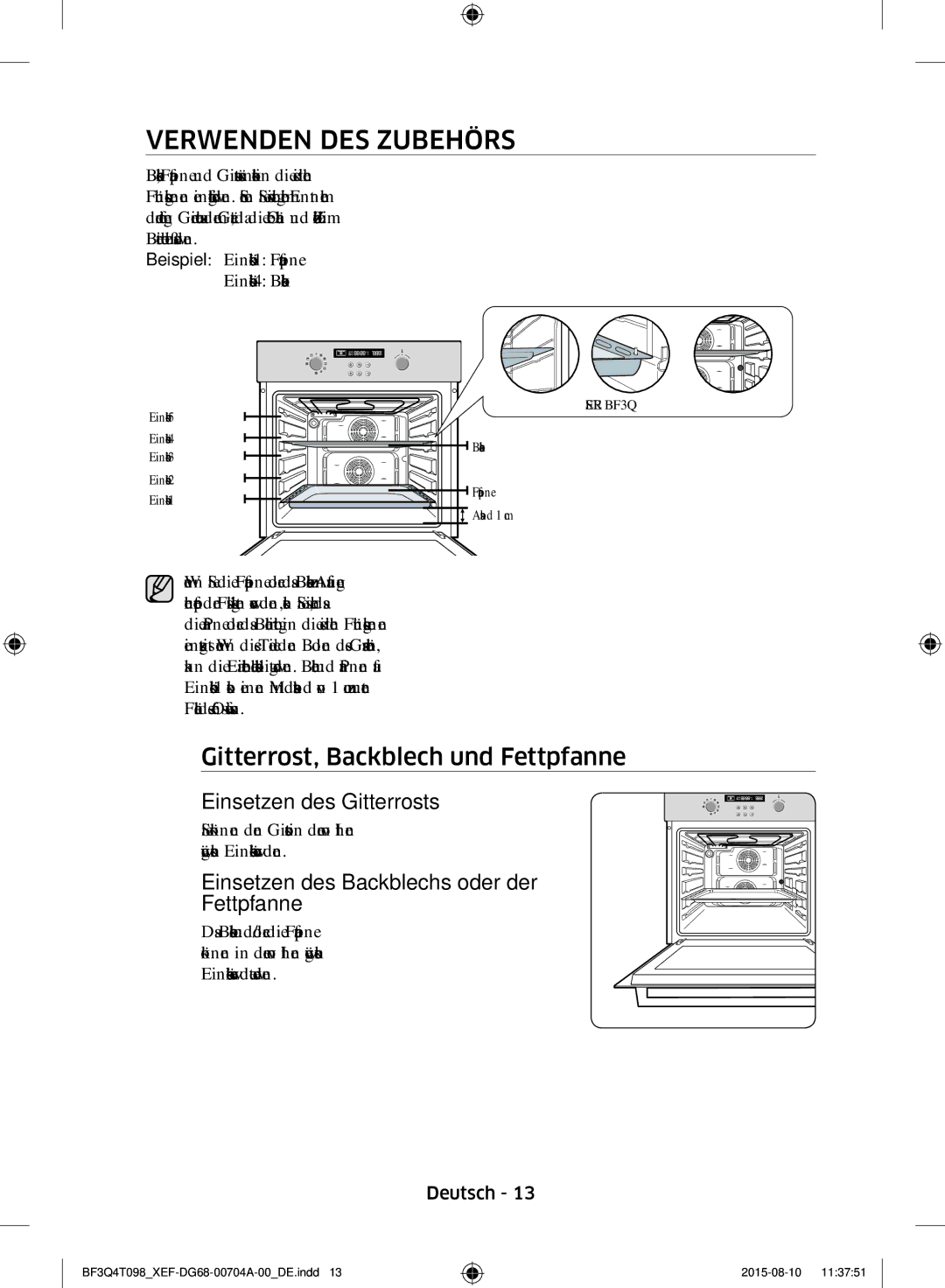 Samsung BF3Q4T097/XEF, BF3Q4T098/XEF manual Verwenden DES Zubehörs, Gitterrost, Backblech und Fettpfanne 