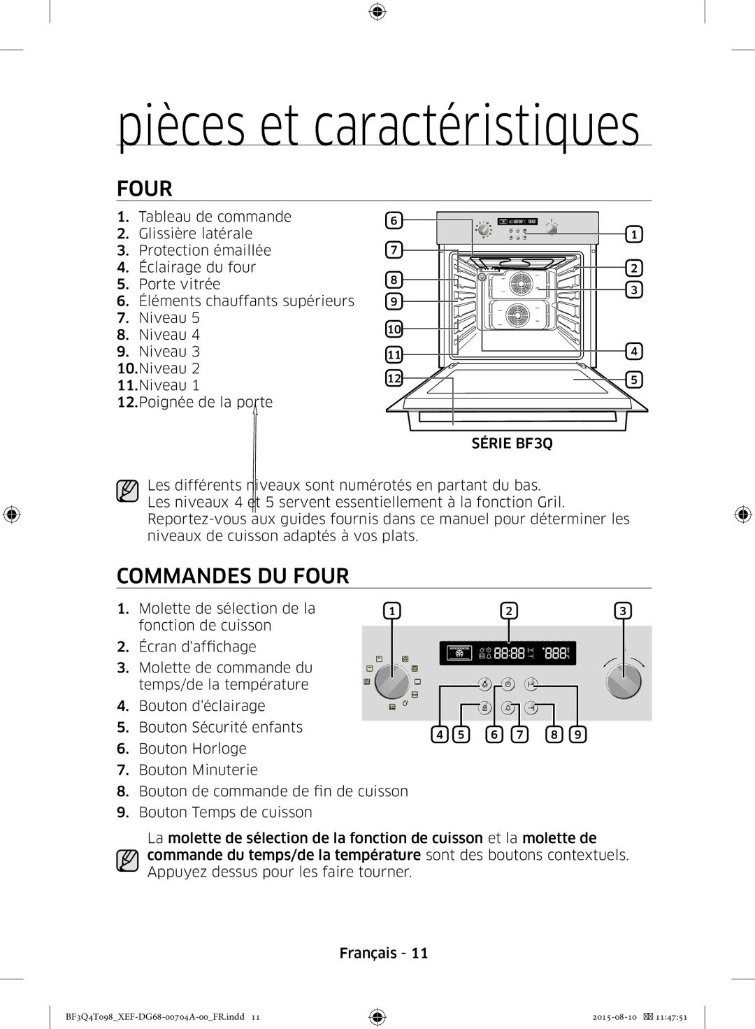 Samsung BF3Q4T097/XEF, BF3Q4T098/XEF manual Pièces et caractéristiques, Commandes DU Four, Caractéristiques, Série BF3Q 