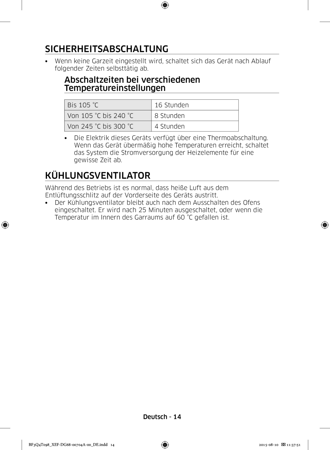 Samsung BF3Q4T098/XEF Sicherheitsabschaltung, Kühlungsventilator, Abschaltzeiten bei verschiedenen Temperatureinstellungen 