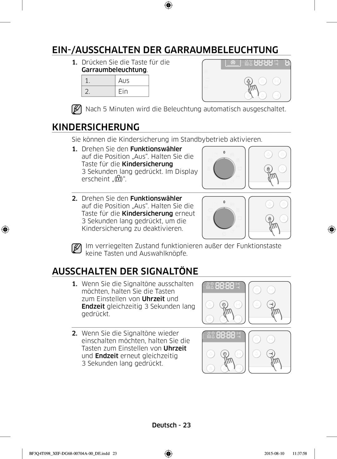 Samsung BF3Q4T097/XEF, BF3Q4T098/XEF EIN-/AUSSCHALTEN DER Garraumbeleuchtung, Kindersicherung, Ausschalten DER Signaltöne 