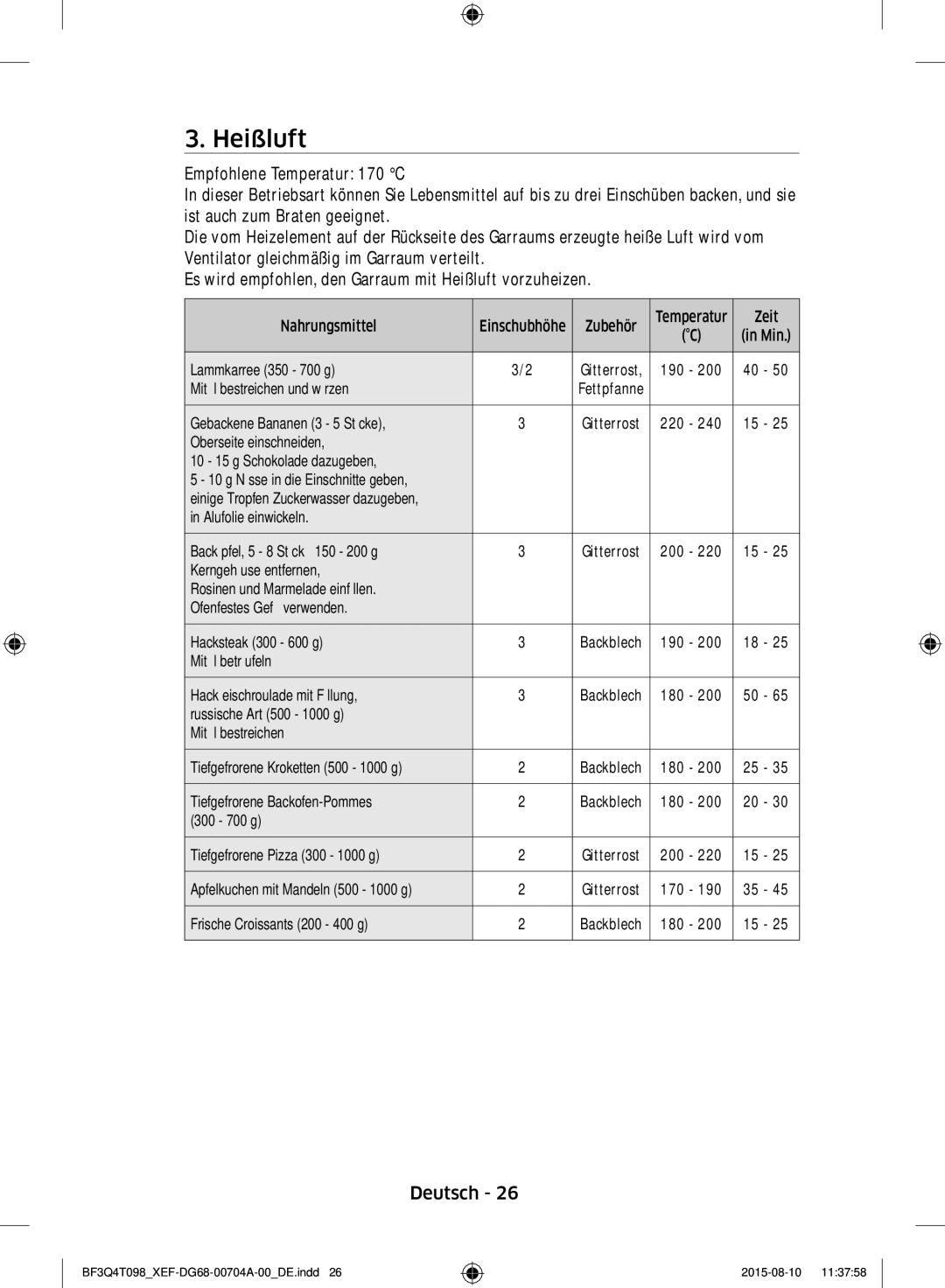 Samsung BF3Q4T098/XEF, BF3Q4T097/XEF manual Heißluft 