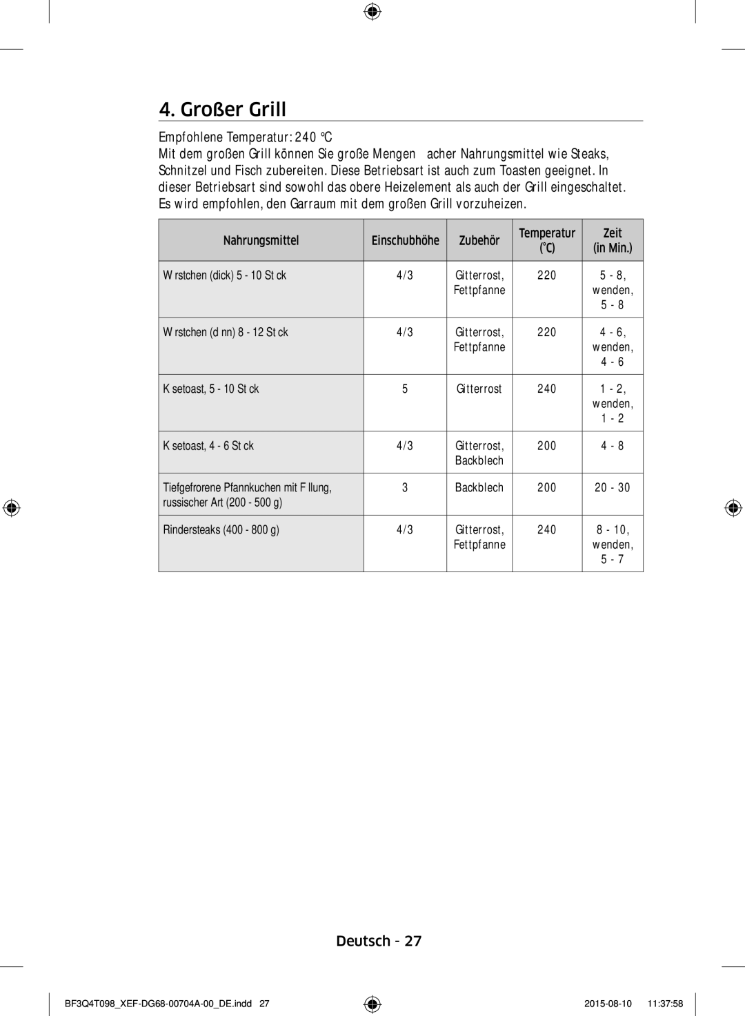 Samsung BF3Q4T097/XEF, BF3Q4T098/XEF manual Großer Grill, Empfohlene Temperatur 240 C 