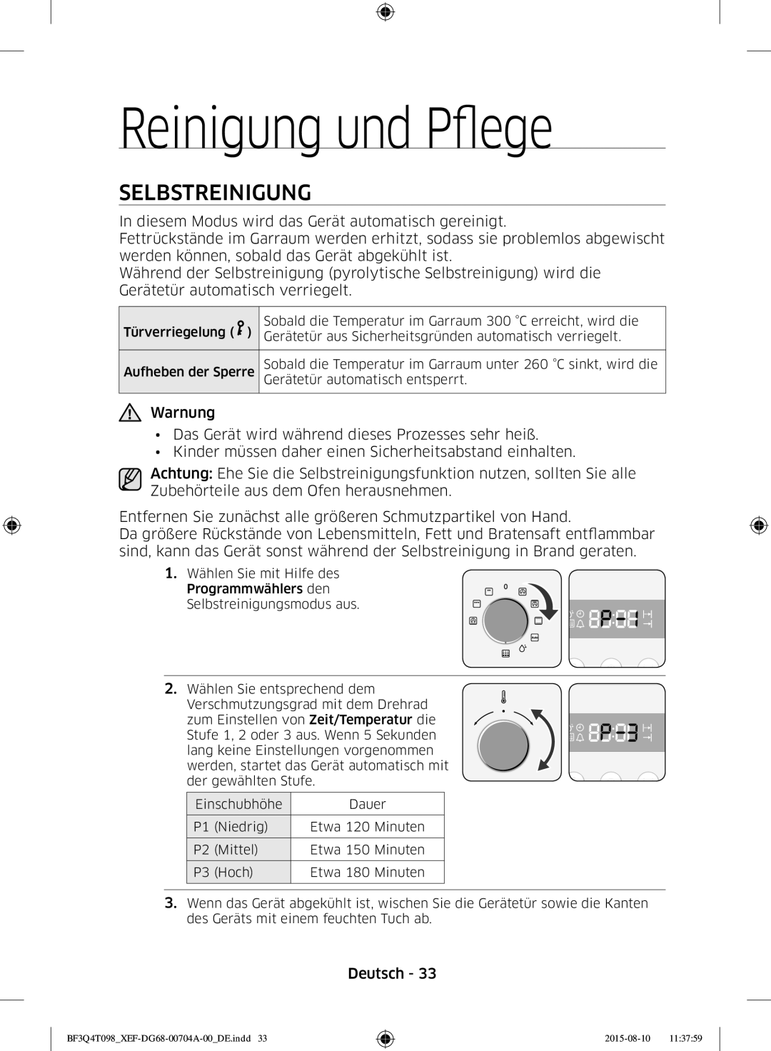 Samsung BF3Q4T097/XEF, BF3Q4T098/XEF manual Reinigung und Pflege, Selbstreinigung, Reinigung UND Pflege 