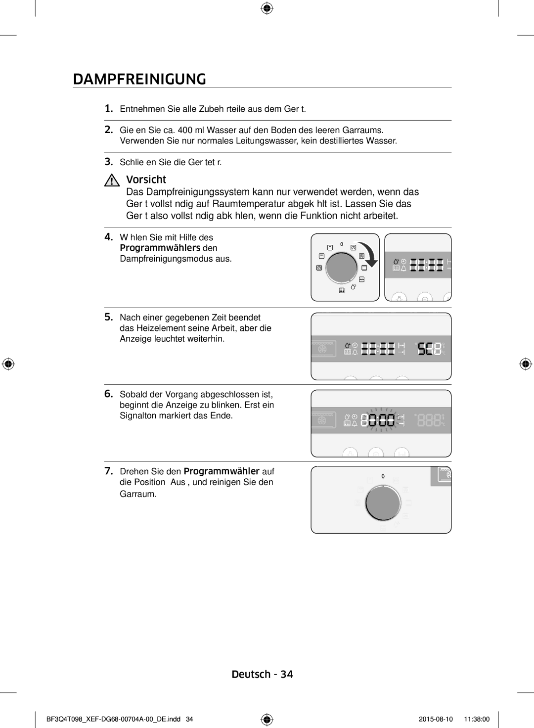 Samsung BF3Q4T098/XEF, BF3Q4T097/XEF manual Dampfreinigung 