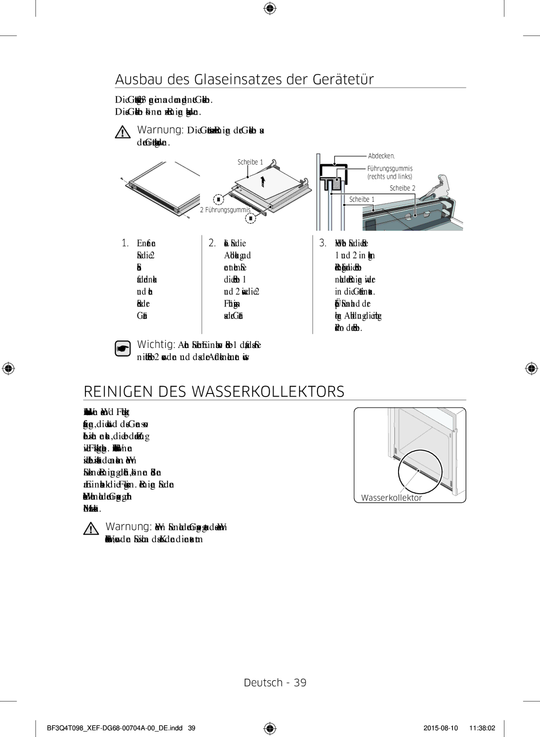 Samsung BF3Q4T097/XEF manual Reinigen DES Wasserkollektors, Ausbau des Glaseinsatzes der Gerätetür, Reinigung, UND Pflege 