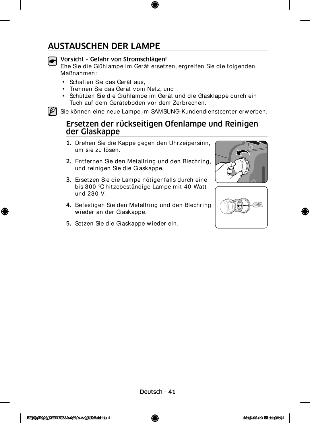 Samsung BF3Q4T097/XEF, BF3Q4T098/XEF manual Austauschen DER Lampe, Reinigung UND Pflege 