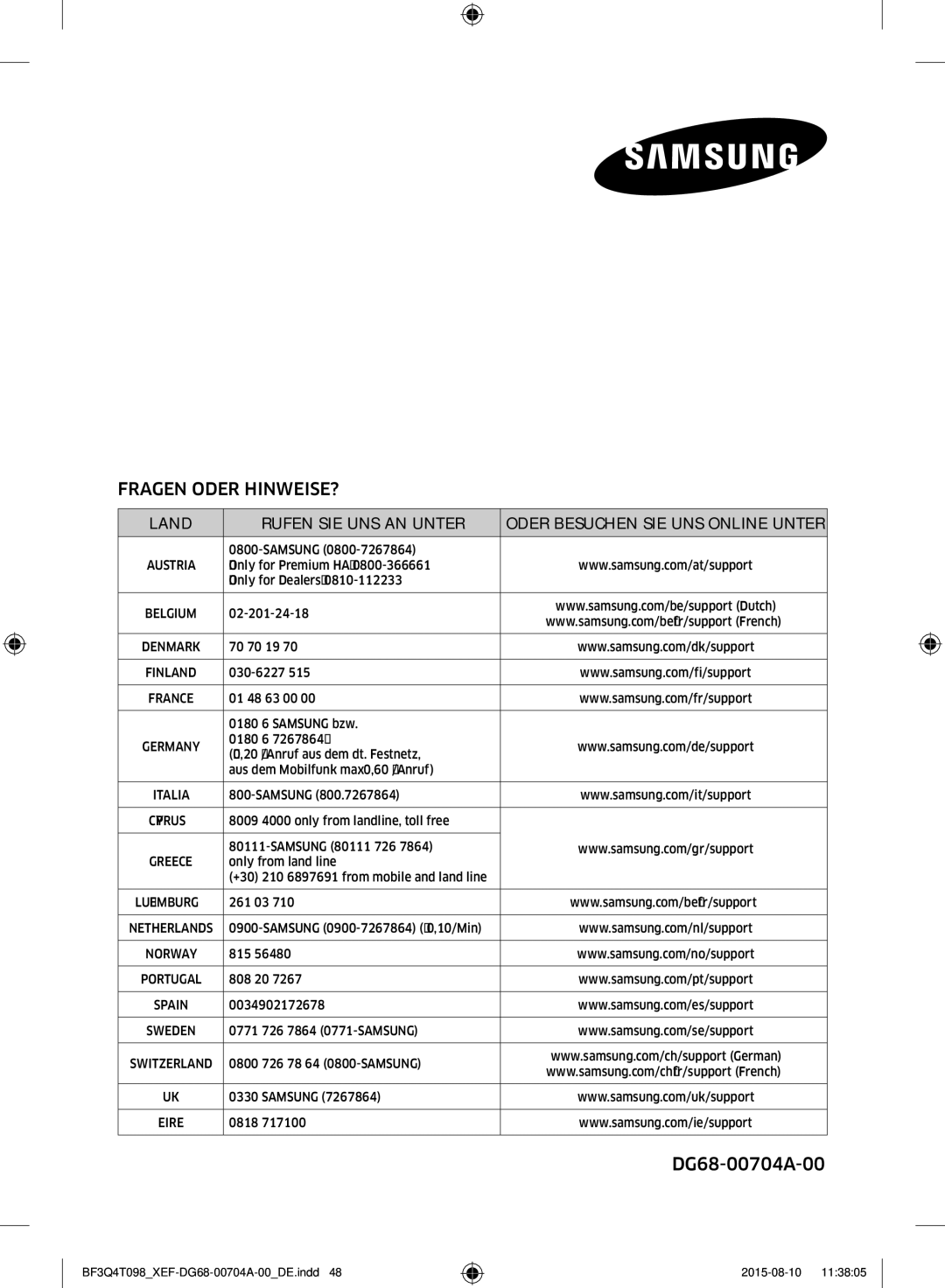 Samsung BF3Q4T098/XEF, BF3Q4T097/XEF manual Fragen Oder HINWEISE? 