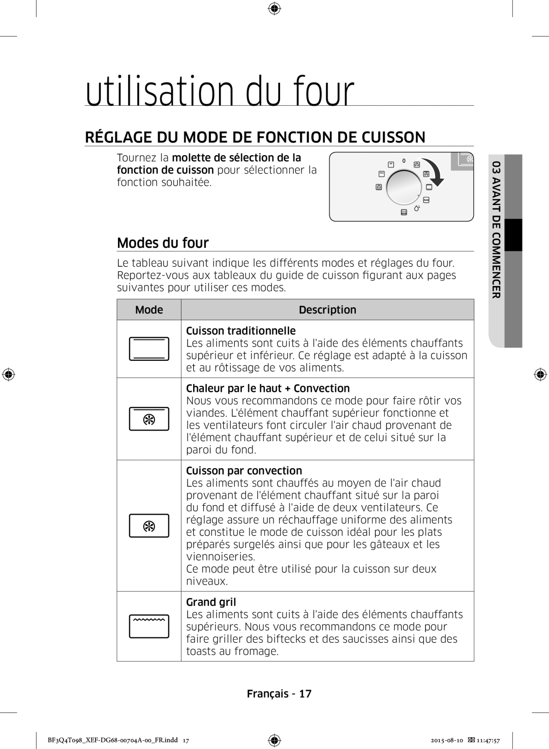 Samsung BF3Q4T097/XEF Utilisation du four, Réglage DU Mode DE Fonction DE Cuisson, Modes du four, Utilisation DU Four 