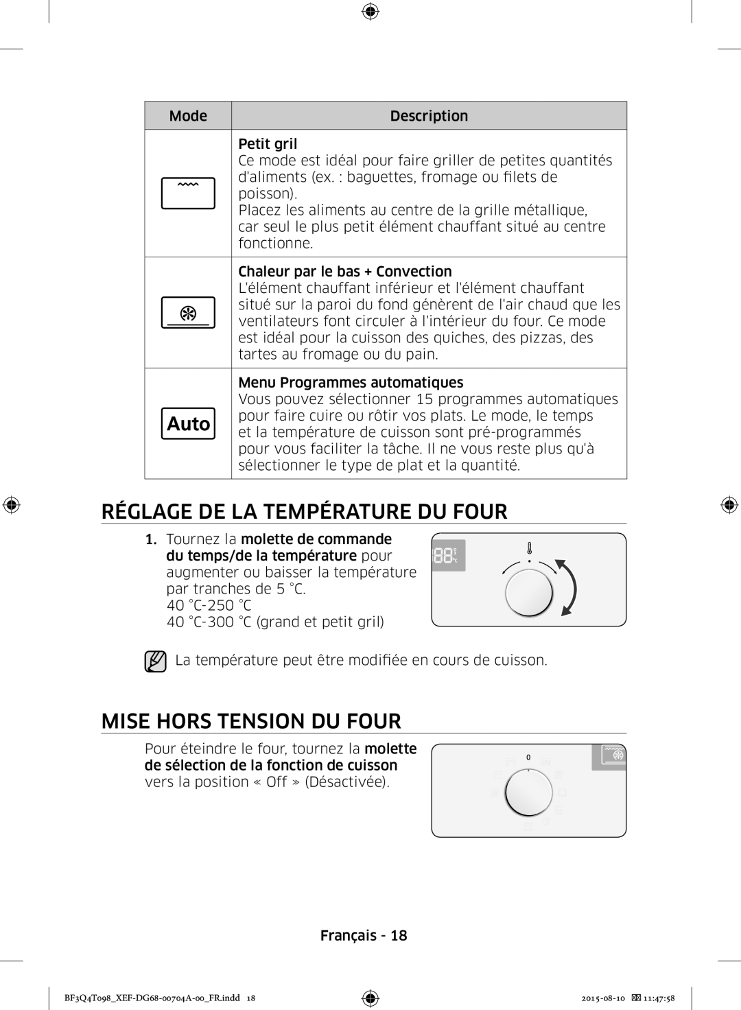 Samsung BF3Q4T098/XEF, BF3Q4T097/XEF manual Réglage DE LA Température DU Four, Mise Hors Tension DU Four 