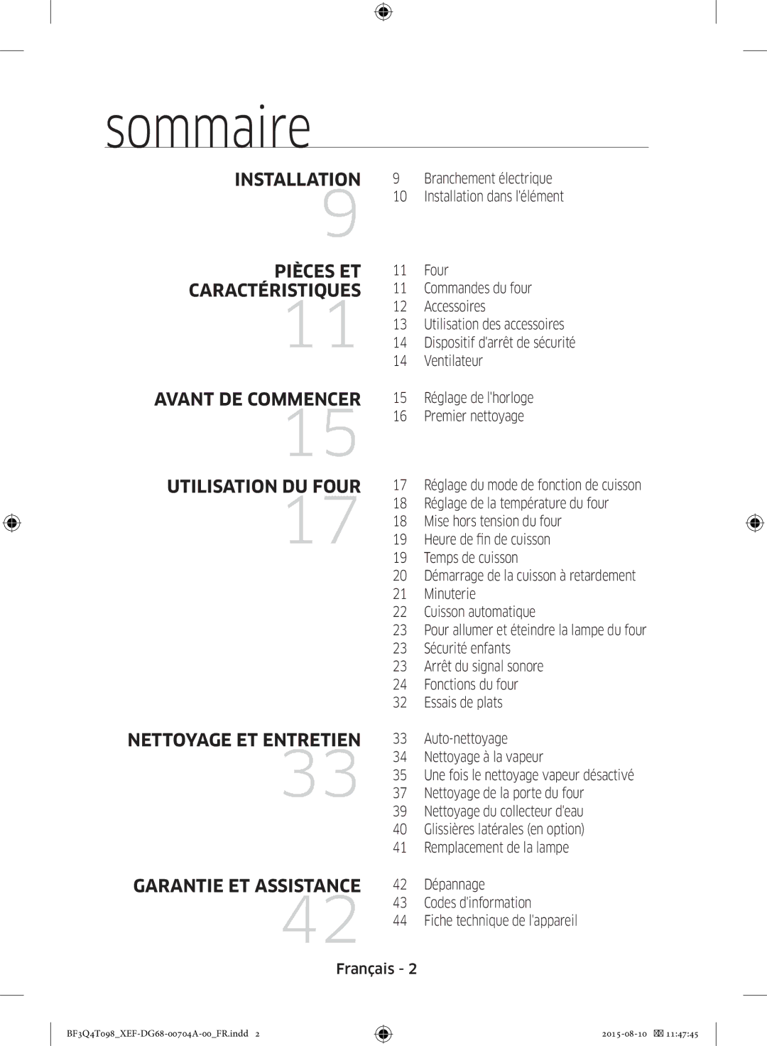 Samsung BF3Q4T098/XEF, BF3Q4T097/XEF manual Sommaire, Garantie ET Assistance 