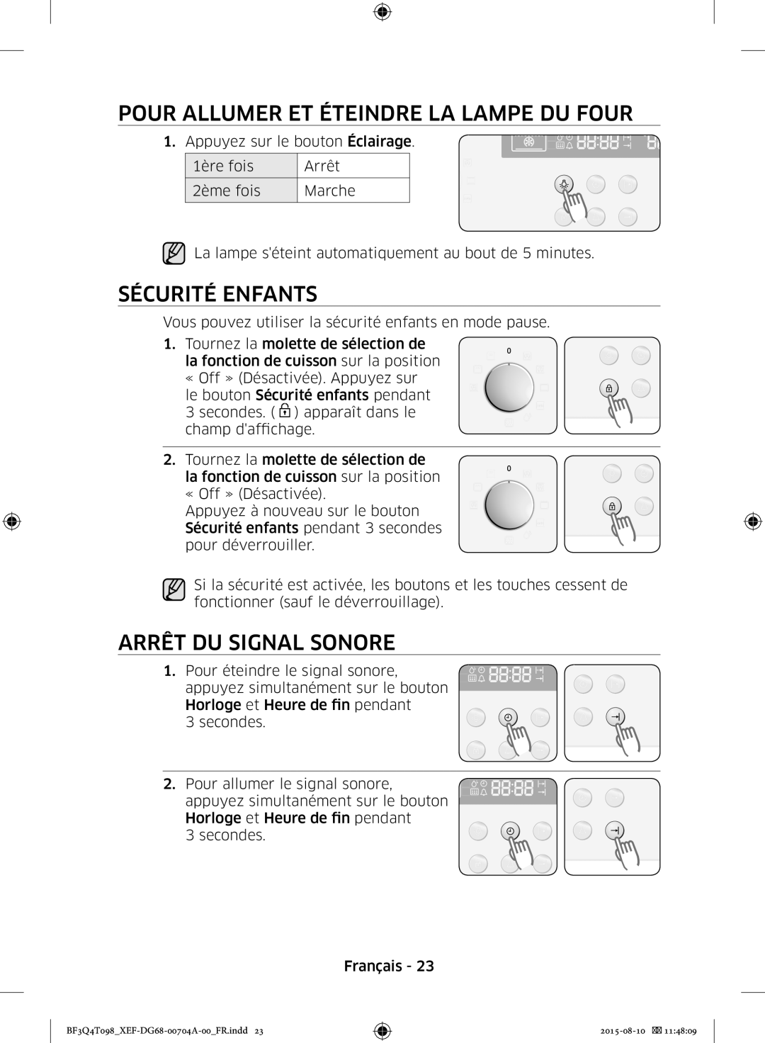 Samsung BF3Q4T097/XEF, BF3Q4T098/XEF Pour Allumer ET Éteindre LA Lampe DU Four, Sécurité Enfants, Arrêt DU Signal Sonore 