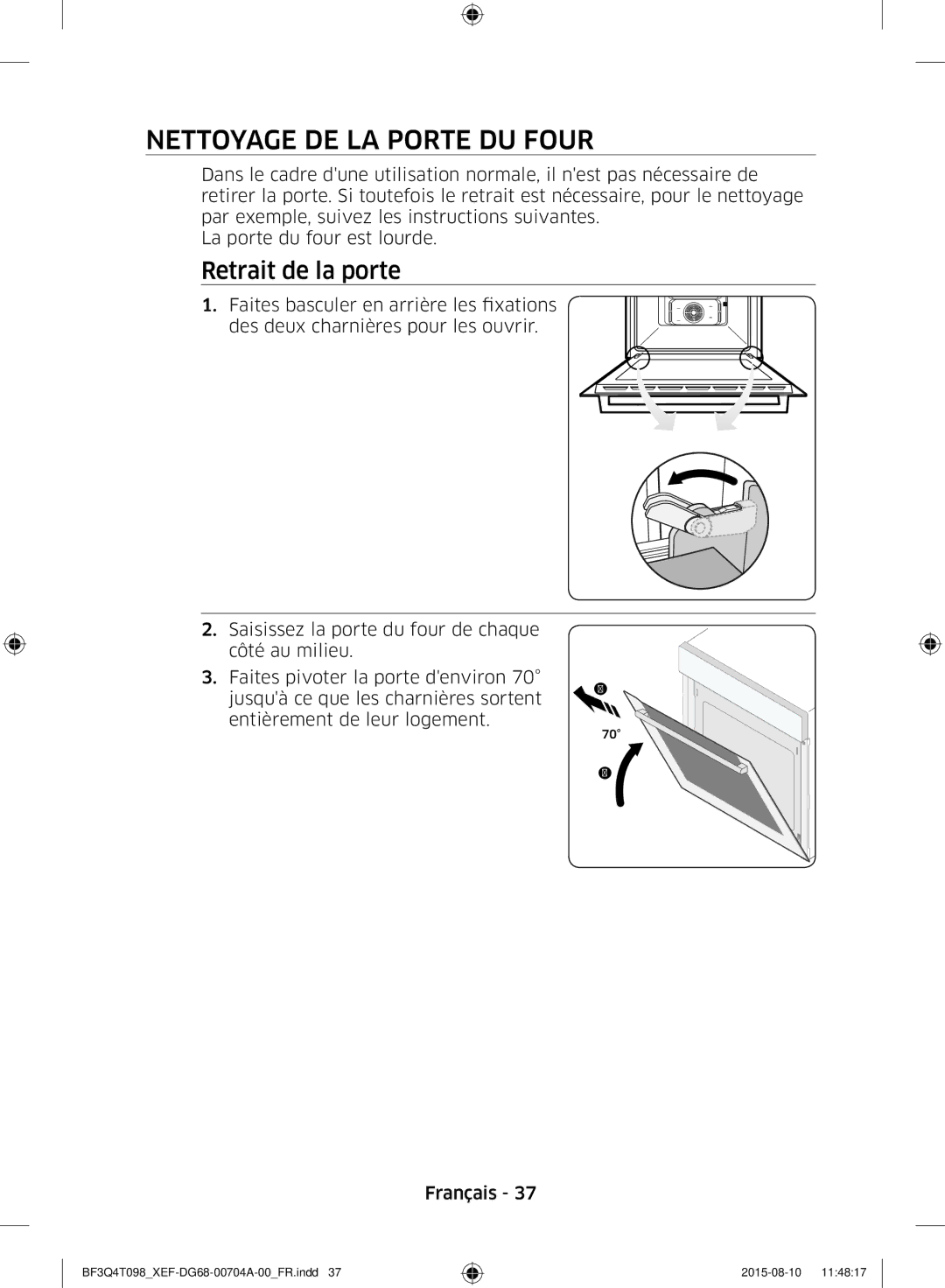 Samsung BF3Q4T097/XEF, BF3Q4T098/XEF manual Nettoyage DE LA Porte DU Four, Retrait de la porte 