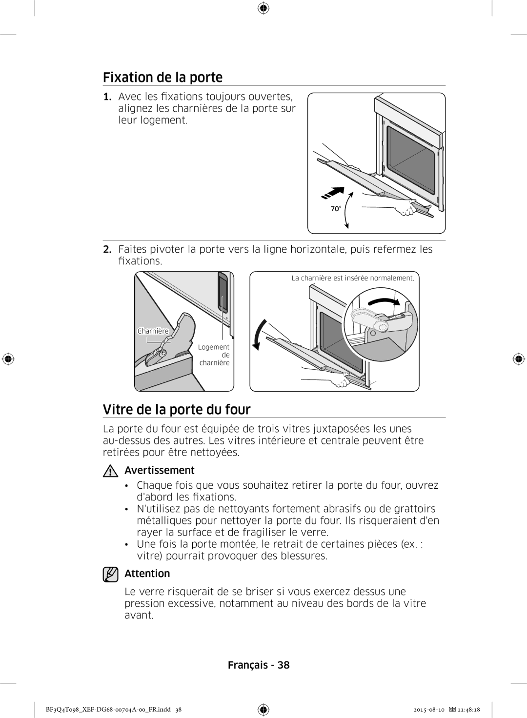 Samsung BF3Q4T098/XEF, BF3Q4T097/XEF manual Fixation de la porte, Vitre de la porte du four 