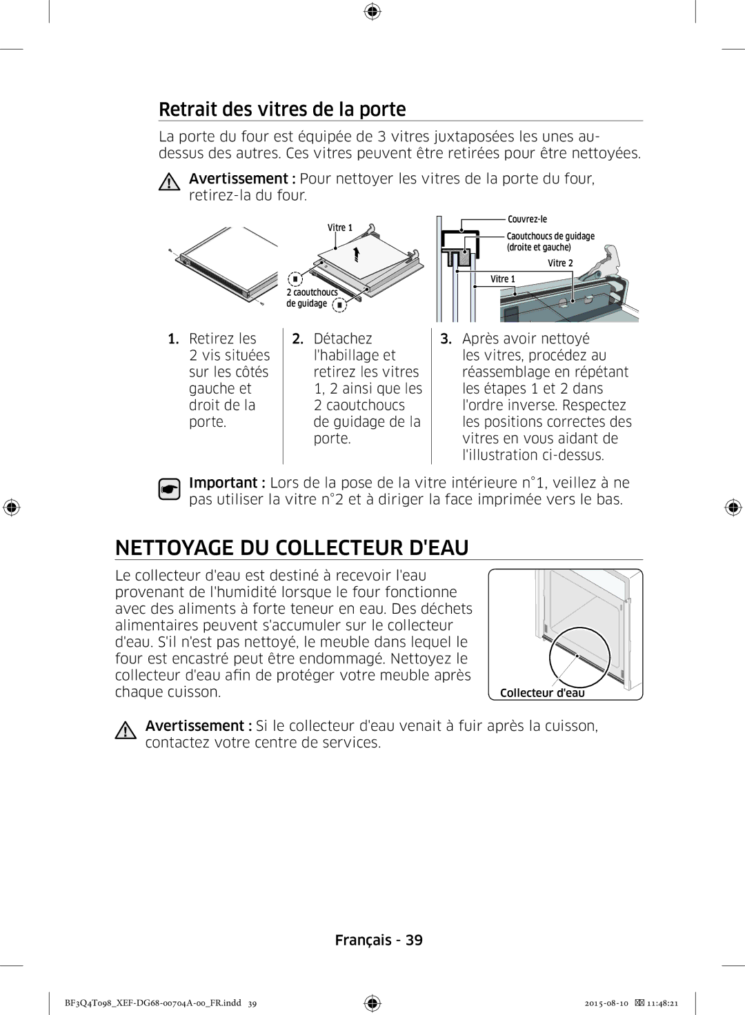 Samsung BF3Q4T097/XEF, BF3Q4T098/XEF manual Nettoyage DU Collecteur Deau, Retrait des vitres de la porte 