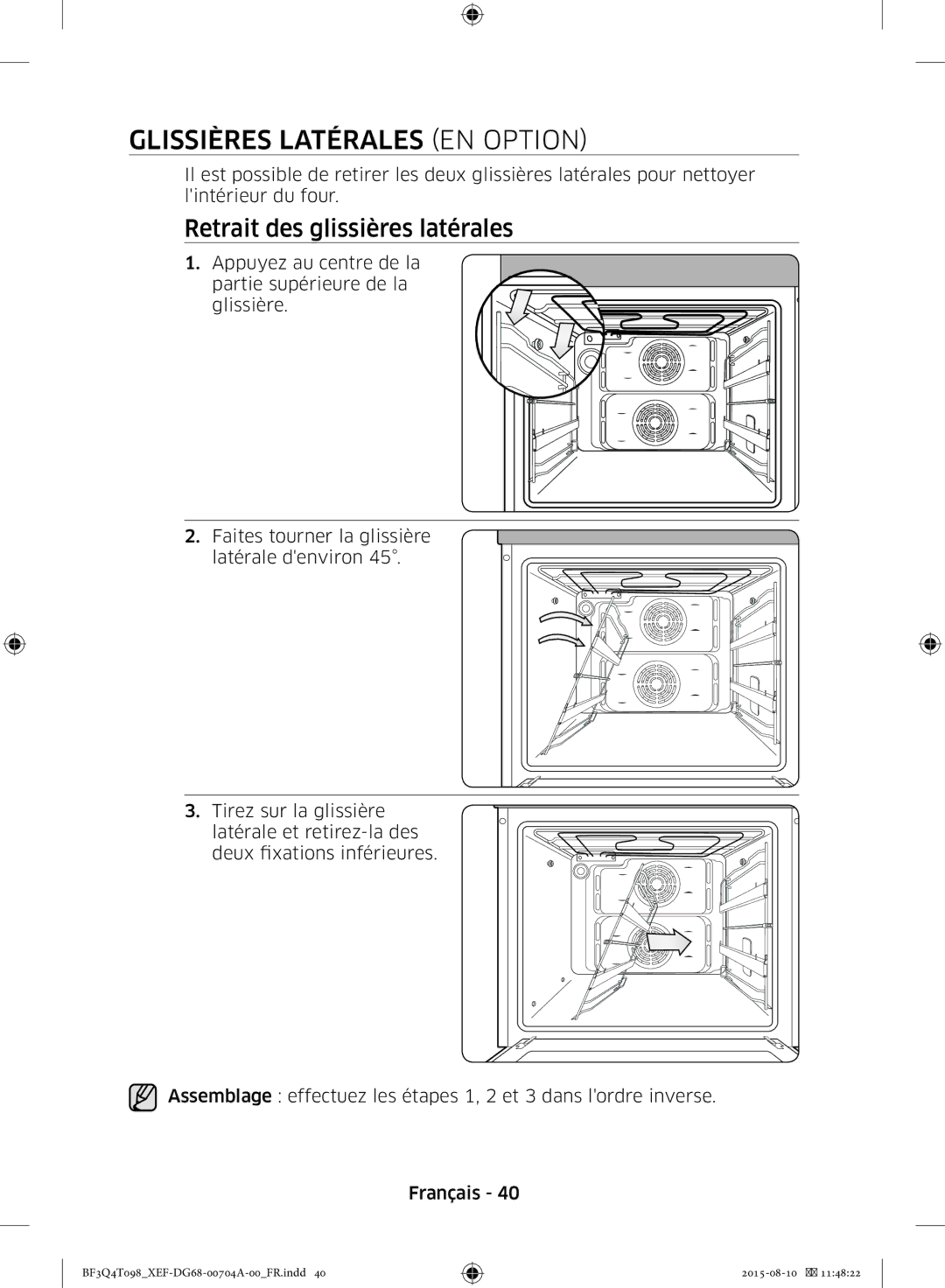 Samsung BF3Q4T098/XEF, BF3Q4T097/XEF manual Glissières Latérales EN Option, Retrait des glissières latérales 