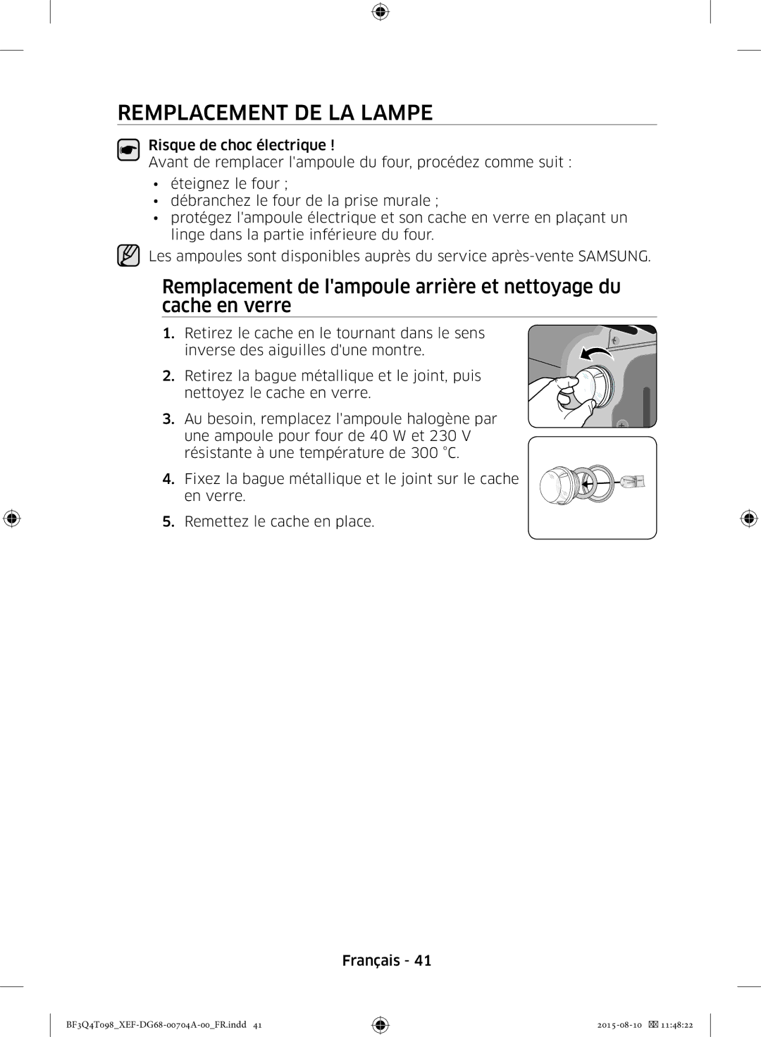 Samsung BF3Q4T097/XEF, BF3Q4T098/XEF manual Remplacement DE LA Lampe, Nettoyage ET Entretien 