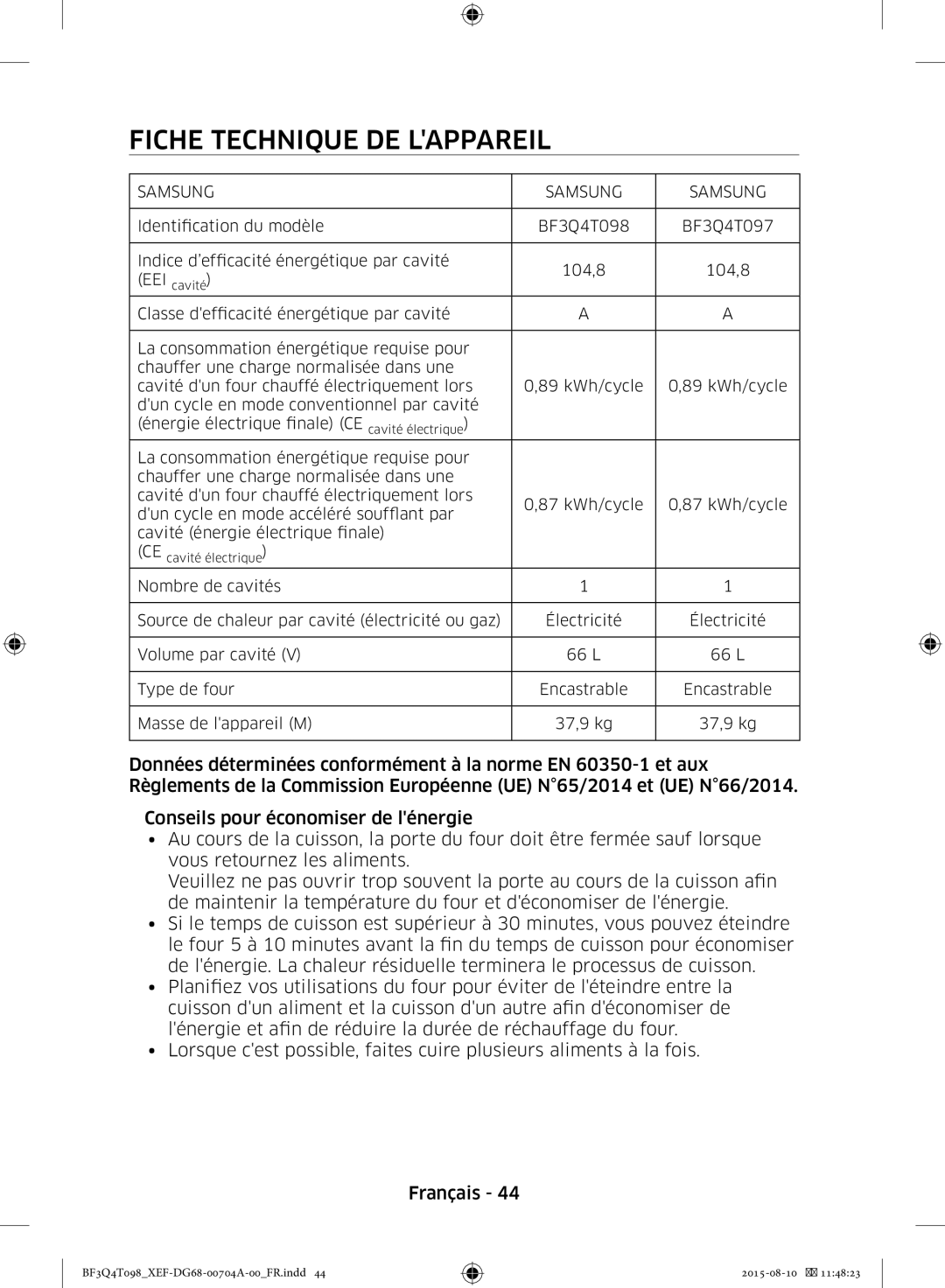 Samsung BF3Q4T098/XEF, BF3Q4T097/XEF manual Fiche Technique DE Lappareil, Samsung 