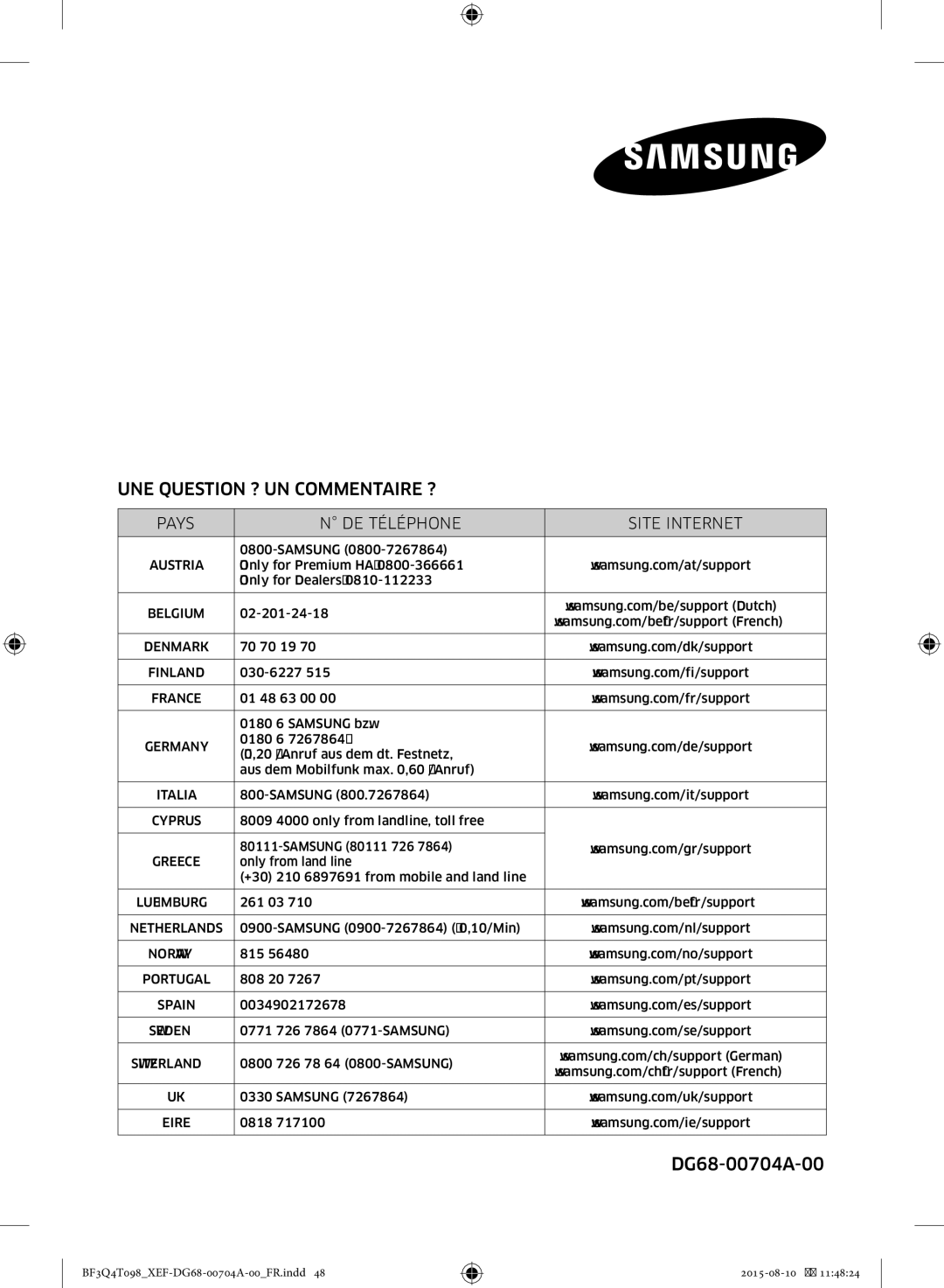 Samsung BF3Q4T098/XEF, BF3Q4T097/XEF manual UNE Question ? UN Commentaire ?, Pays DE Téléphone Site Internet 