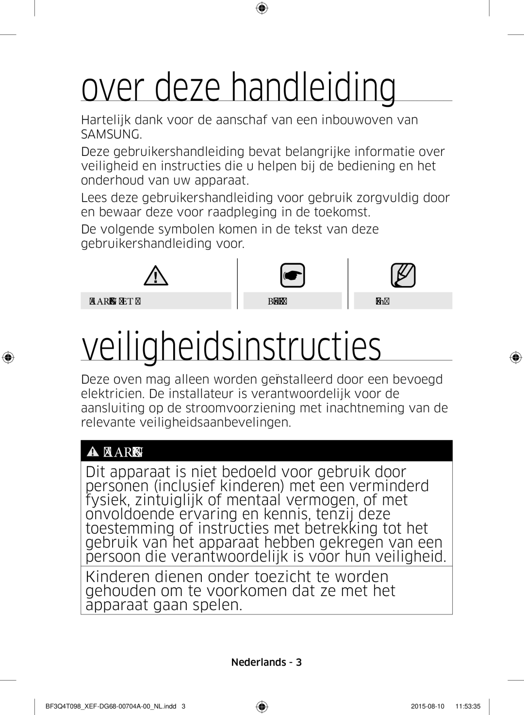 Samsung BF3Q4T097/XEF, BF3Q4T098/XEF manual Over deze handleiding, Veiligheidsinstructies 