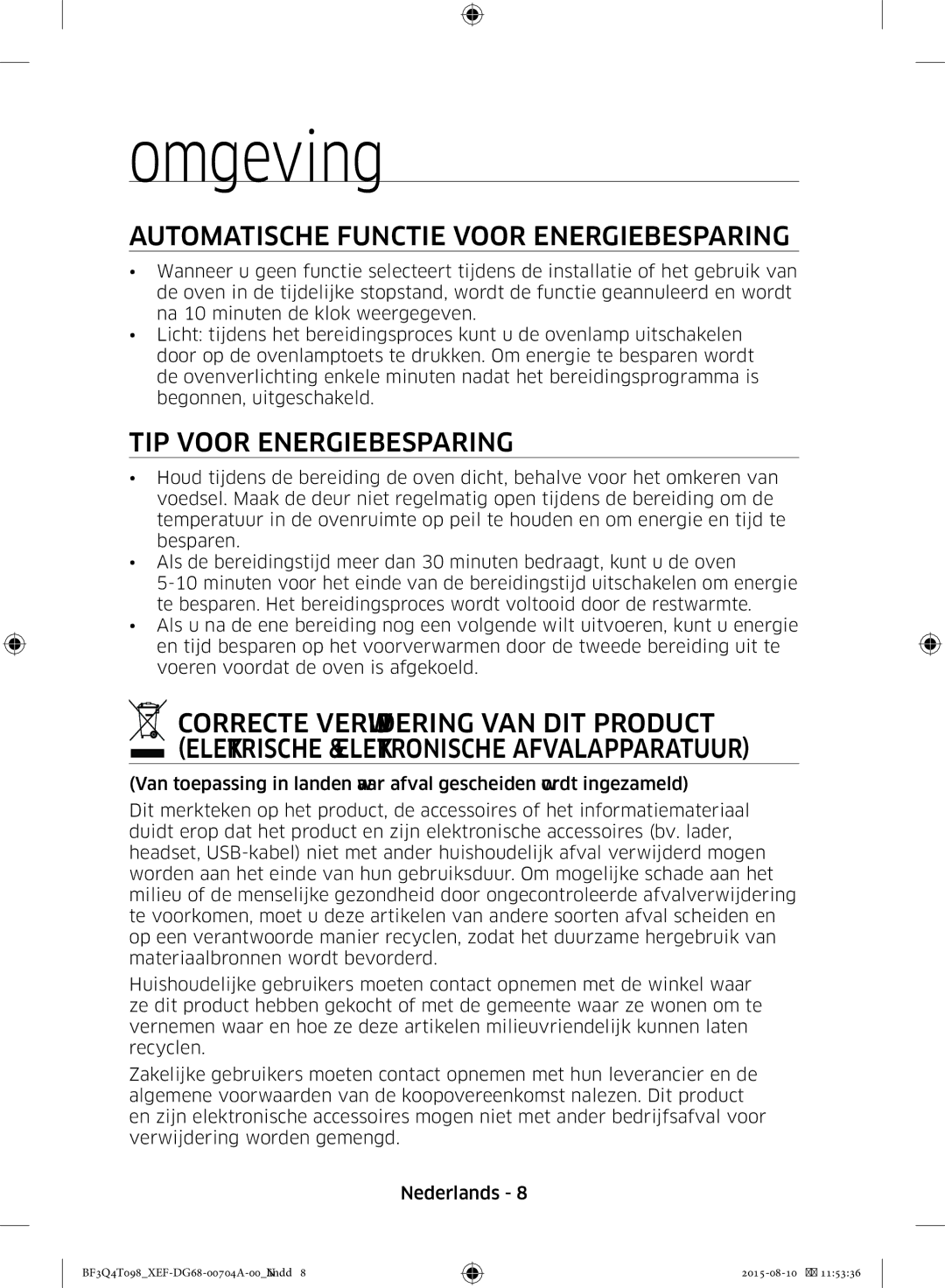 Samsung BF3Q4T098/XEF, BF3Q4T097/XEF manual Omgeving, Automatische Functie Voor Energiebesparing, TIP Voor Energiebesparing 