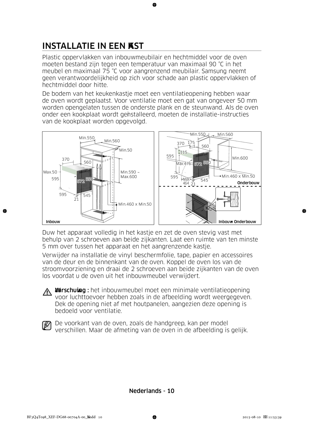 Samsung BF3Q4T098/XEF, BF3Q4T097/XEF manual Installatie in EEN Kast 