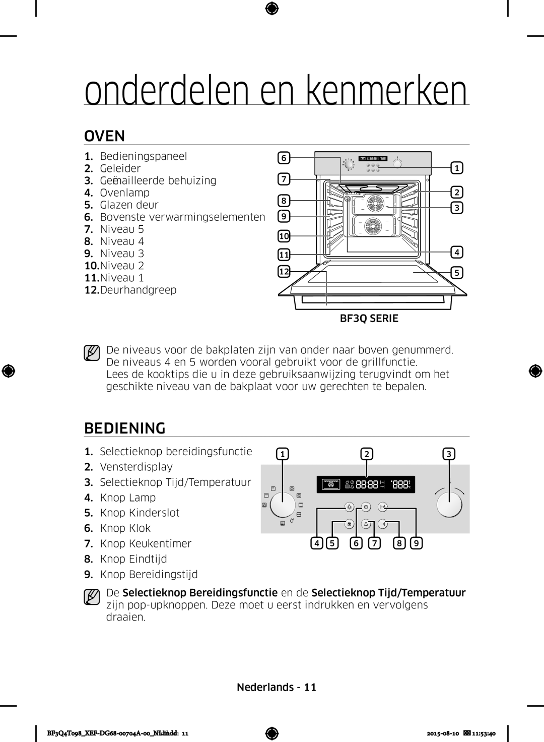 Samsung BF3Q4T097/XEF, BF3Q4T098/XEF manual Onderdelen en kenmerken, Oven, Bediening, BF3Q Serie Onderdelen EN Kenmerken 