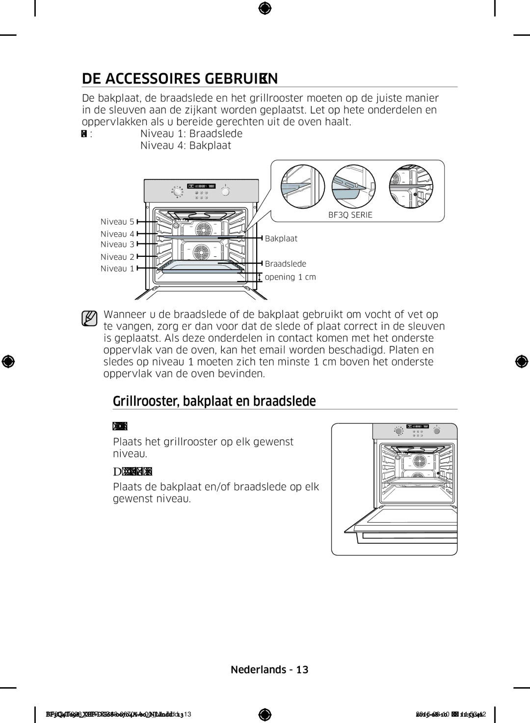 Samsung BF3Q4T097/XEF, BF3Q4T098/XEF manual DE Accessoires Gebruiken, Grillrooster, bakplaat en braadslede 