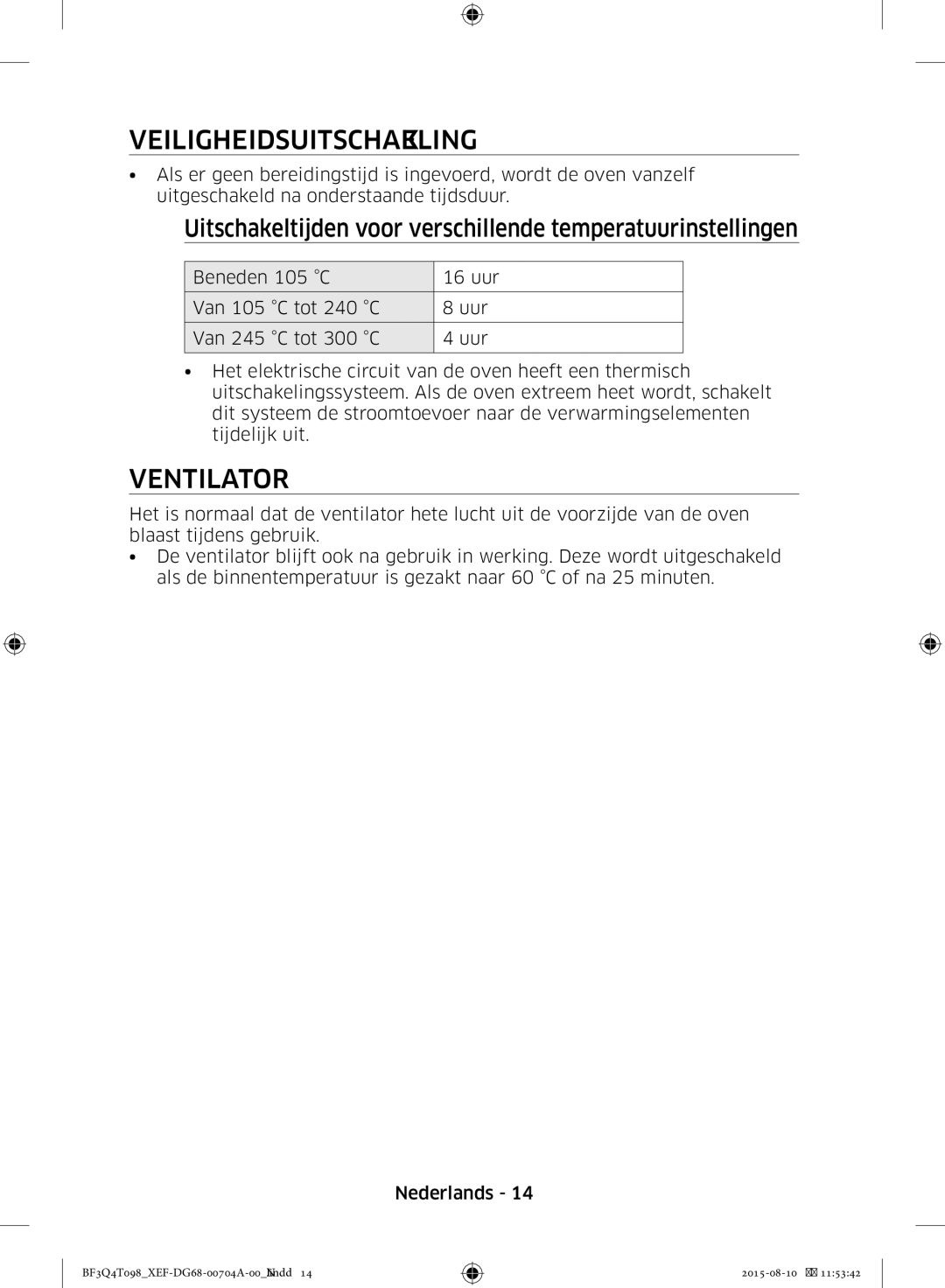 Samsung BF3Q4T098/XEF Veiligheidsuitschakeling, Ventilator, Uitschakeltijden voor verschillende temperatuurinstellingen 