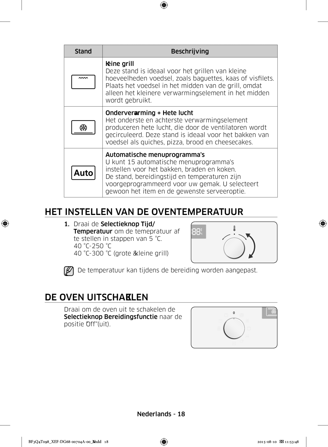 Samsung BF3Q4T098/XEF, BF3Q4T097/XEF manual HET Instellen VAN DE Oventemperatuur, DE Oven Uitschakelen 