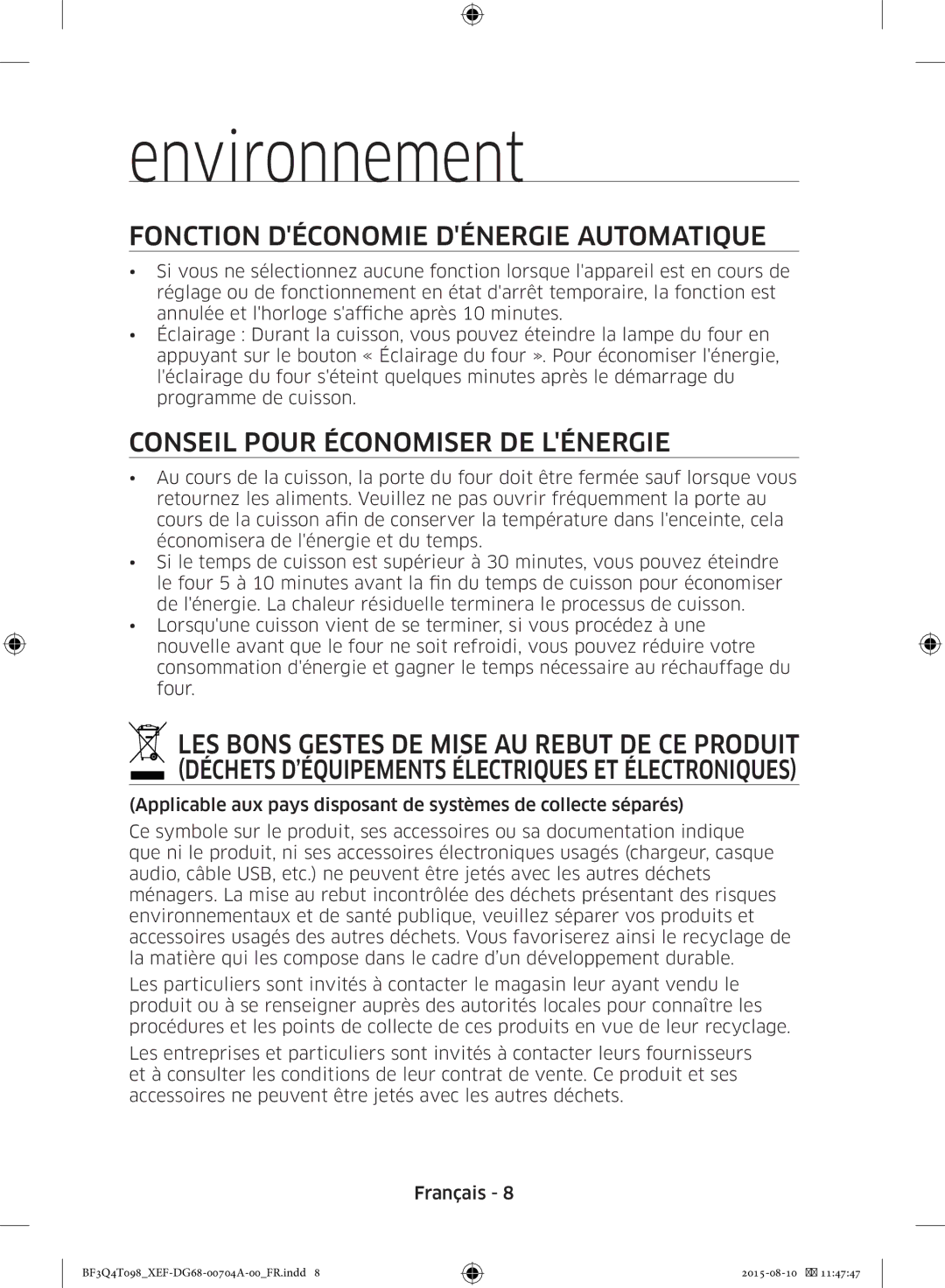 Samsung BF3Q4T098/XEF manual Environnement, Fonction Déconomie Dénergie Automatique, Conseil Pour Économiser DE Lénergie 