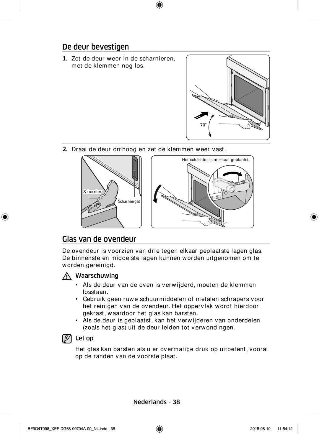 Samsung BF3Q4T098/XEF, BF3Q4T097/XEF manual De deur bevestigen, Glas van de ovendeur 