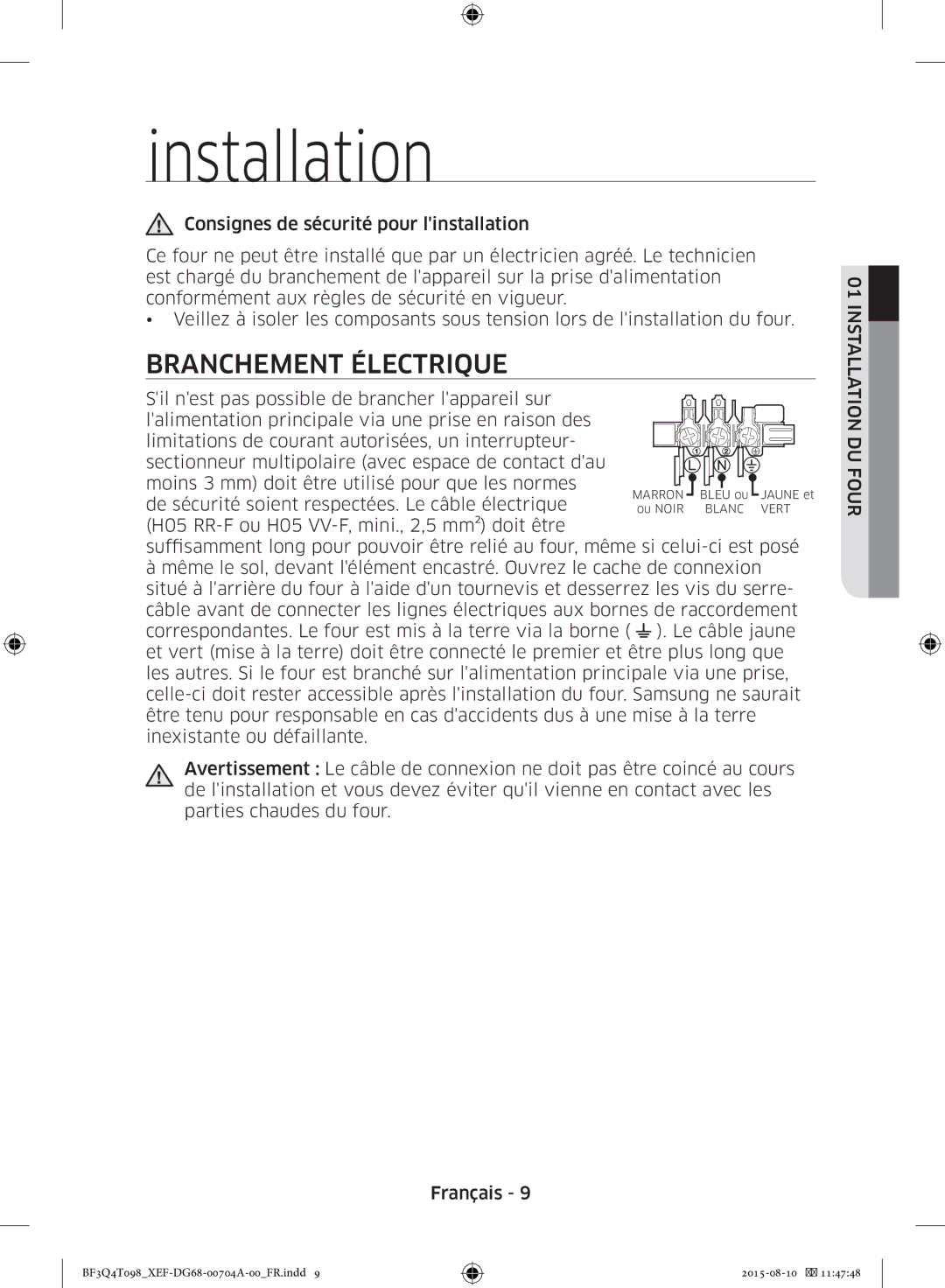 Samsung BF3Q4T097/XEF, BF3Q4T098/XEF manual Branchement Électrique, Installation DU Four 