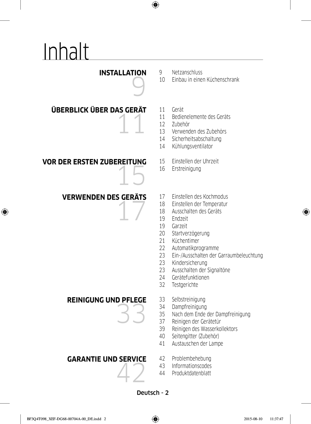 Samsung BF3Q4T098/XEF, BF3Q4T097/XEF manual Inhalt, Überblick Über DAS Gerät VOR DER Ersten Zubereitung 