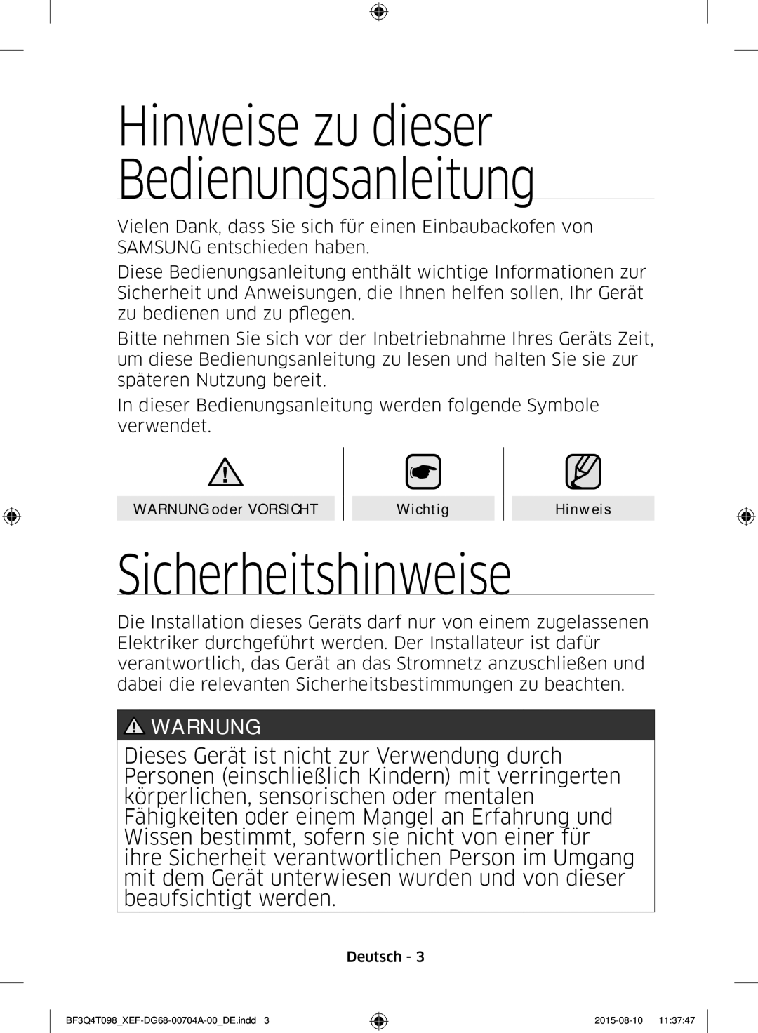 Samsung BF3Q4T097/XEF, BF3Q4T098/XEF manual Sicherheitshinweise, Hinweise zu dieser Bedienungsanleitung 