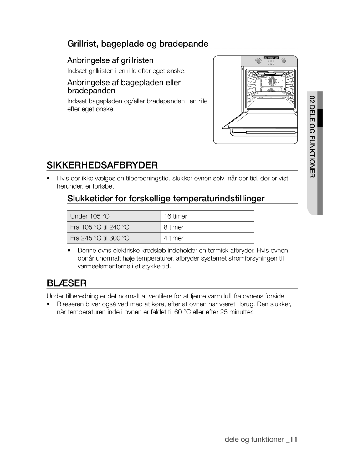 Samsung BF3Q4T098/XEE, BF3Q4W098/XEE manual Sikkerhedsafbryder, Blæser, Grillrist, bageplade og bradepande 