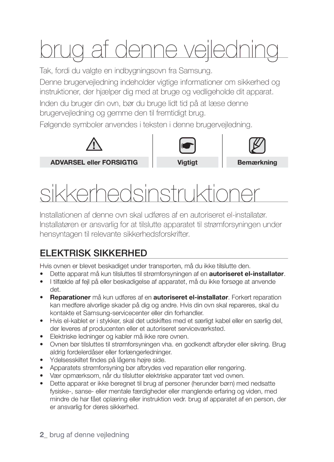 Samsung BF3Q4W098/XEE manual Brug af denne vejledning, Sikkerhedsinstruktioner, Elektrisk sikkerhed, Vigtigt Bemærkning 