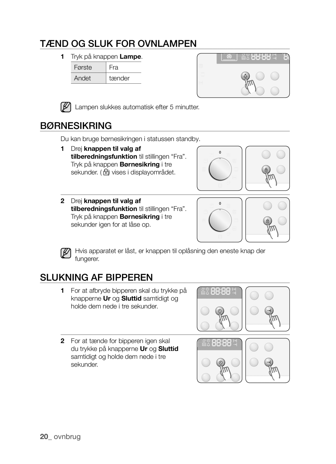 Samsung BF3Q4W098/XEE, BF3Q4T098/XEE manual Tænd og sluk for ovnlampen, Børnesikring, Slukning af bipperen 