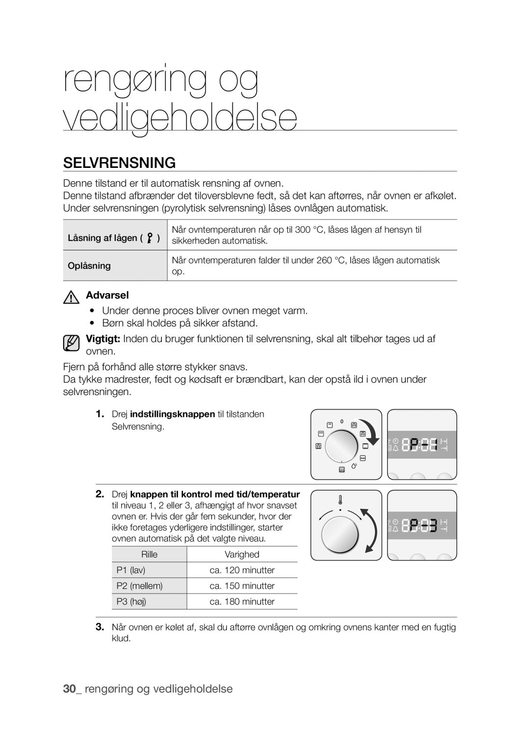 Samsung BF3Q4W098/XEE, BF3Q4T098/XEE manual Rengøring og vedligeholdelse, Selvrensning 